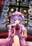  1girl ascot blue_hair cross crossed_legs cup dress hat hat_ribbon highres juliet_sleeves long_sleeves looking_at_viewer mob_cap namamo_nanase pink_dress pink_eyes puffy_sleeves remilia_scarlet ribbon sitting solo stained_glass touhou wine_glass 