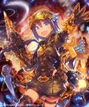  1girl arm_up arrow blue_eyes blue_hair blush bow_(weapon) claws crossbow gloves looking_at_viewer mckeee open_mouth pickaxe shingeki_no_bahamut short_hair shorts smile solo weapon 