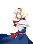  1girl akimatsu alice_margatroid blonde_hair blue_eyes capelet cowboy_shot dress hairband hand_on_own_chest highres lolita_hairband parted_lips profile puffy_short_sleeves puffy_sleeves ribbon sash short_hair short_sleeves simple_background solo touhou white_background 