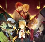  3boys 3girls beatrice black_hair blindfold blonde_hair brown_eyes brown_hair butterfly closed_eyes fuchsia91 glasses hat holding_hands jewelry juliet_sleeves kanon_(umineko) long_sleeves multiple_boys multiple_girls necktie open_mouth ponytail puffy_sleeves redhead ring shannon smile spoilers tears umineko_no_naku_koro_ni ushiromiya_battler ushiromiya_george ushiromiya_jessica yasu_(umineko) 