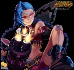  1girl 2gold belt black_background blue_hair boots braid fingerless_gloves gloves grin holding_weapon jinx_(league_of_legends) league_of_legends long_hair midriff pink_eyes rocket_launcher shorts smile smirk solo tattoo twin_braids weapon 