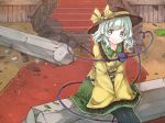  1girl akagashi_hagane black_legwear bow green_hair grey_eyes hat hat_bow heart komeiji_koishi leaf looking_at_viewer pillar ribbon short_hair skirt smile solo stairs third_eye touhou wide_sleeves 