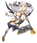 1girl ban chaos_code cthylla_(chaos_code) eyebrows grin horns leaning_forward long_hair navel smile solo translation_request wand white_hair wings yellow_eyes 