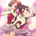  2girls back-to-back black_hair bun_cover doutan hair_bun love_live!_school_idol_project microphone multiple_girls nishikino_maki red_eyes redhead short_hair thigh-highs twintails violet_eyes yazawa_nico 