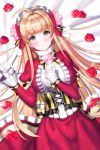  1girl aile_(crossroads) blonde_hair blush bow breasts cinia_pacifica cinia_pacifica_(cosplay) cosplay dress flower frilled_dress frills gloves green_eyes helena_k_sink long_hair looking_at_viewer lying on_back ribbon rose smile solo sword_girls very_long_hair 