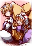  2girls animal_ears blonde_hair blush child closed_eyes dress drooling fox_ears fox_tail hat hemogurobin_a1c long_hair multiple_girls multiple_tails open_mouth purple_dress short_hair smile tail tail_hug touhou yakumo_ran yakumo_yukari younger 