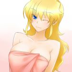  1girl ;3 blonde_hair blue_eyes breasts cleavage collarbone excellen_browning hair_down large_breasts long_hair mayo-black naked_towel one_eye_closed smile solo super_robot_wars super_robot_wars_original_generation towel wink 