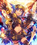  1girl arm_up arrow blue_eyes blue_hair blush bow_(weapon) claws crossbow gloves goggles goggles_on_head looking_at_viewer mckeee midriff navel open_mouth original pickaxe shingeki_no_bahamut short_hair shorts side_ponytail smile solo weapon 