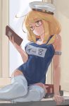  1girl arm_support armband blonde_hair blue_eyes book breasts cleavage dated glasses hat i-8_(kantai_collection) kantai_collection long_hair reading school_swimsuit sitting solo swimsuit thighhighs toro white_legwear yokozuwari 