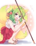  1girl animal_ears cromi_(shiki) fox_ears fox_tail green_eyes green_hair multiple_tails open_mouth shikihime_zoushi smile solo tail 