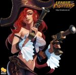  1girl 2gold bangs black_background blue_eyes detached_sleeves dual_wielding gun hat holding_weapon league_of_legends long_hair midriff navel open_mouth pants pirate pirate_hat redhead sarah_fortune smirk solo tank_top weapon 