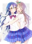  2girls :d ^_^ arm_grab backlighting blonde_hair blue_hair bowtie brown_eyes closed_eyes hug long_hair love_live!_school_idol_project minami_kotori multiple_girls one_side_up open_mouth parted_lips playing_with_another&#039;s_hair satoimo_chika school_uniform skirt smile sonoda_umi striped_bow 