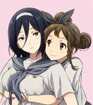  2girls asymmetrical_hair black_hair blue_eyes braid brown_eyes brown_hair double_bun hair_between_eyes hair_bun hairband hug hug_from_behind hyouka irisu_fuyumi long_hair multiple_girls rito453 sawakiguchi_misaki school_uniform serafuku 