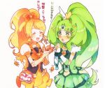  2girls arm_warmers bee blonde_hair blush bubble_skirt closed_eyes crossover cure_honey cure_march detached_sleeves dress fingerless_gloves gloves green_dress green_eyes green_hair hair_ornament hair_ribbon happinesscharge_precure! hayashi_(kanzume) long_hair magical_girl midorikawa_nao multiple_girls oomori_yuuko open_mouth ponytail precure puffy_sleeves ribbon shirt simple_background skirt smile_precure! translation_request tri_tails very_long_hair vest white_background wrist_cuffs yellow_skirt 