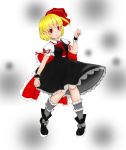  1girl :o blonde_hair bow embellished_costume frilled_bow frilled_skirt frills hair_ribbon highres large_bow necktie puffy_short_sleeves puffy_sleeves ribbon rumia short_hair short_sleeves skirt touhou vest wrist_cuffs 