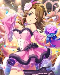  1girl ;o blue_eyes brown_hair flower idolmaster idolmaster_cinderella_girls kishibe_ayaka official_art one_eye_closed rose solo wink 