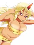  1girl :o alternate_costume arms_up bespectacled blonde_hair breasts bursting_breasts cleavage curvy glasses horn hoshiguma_yuugi hyudora large_breasts long_hair navel red_eyes semi-rimless_glasses simple_background solo tan tanline touhou white_background 
