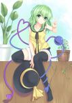  1girl adapted_costume arch between_legs black_legwear casual collarbone east01_06 green_eyes green_hair hand_between_legs hat hat_removed hat_ribbon headwear_removed heart heart_of_string highres holding holding_hat komeiji_koishi long_hair looking_at_viewer plant potted_plant ribbon shirt shorts sitting sleeveless sleeveless_shirt smile solo thigh-highs third_eye touhou v 