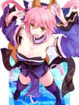  1girl animal_ears bare_shoulders bow breasts caster_(fate/extra) detached_sleeves fate/extra fate_(series) fox_ears fox_tail hair_bow hair_ribbon japanese_clothes large_breasts pink_hair ribbon solo tail thighhighs twintails yellow_eyes yude 