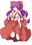  1girl bare_shoulders breasts cleavage hakurei_reimu hakurei_reimu_(pc-98) highres japanese_clothes large_breasts looking_at_viewer miko purple_hair ribbon senbon_tsuki smile solo tagme touhou touhou_(pc-98) violet_eyes 