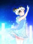  1girl anco_(melon85) black_hair blue_dress blush dress earrings flower gloves hair_bun hair_flower hair_ornament jewelry looking_up love_live!_school_idol_project open_mouth red_eyes short_sleeves solo standing white_gloves yazawa_nico 