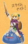  1girl :d bianca&#039;s_daughter blonde_hair blue_eyes blush bow cape dragon_quest dragon_quest_v gloves hair_bow highres nishimura_(prism_engine) open_mouth shield short_hair slime_(dragon_quest) smile solo sword weapon 