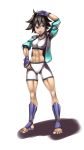  1girl abs alternate_costume barefoot bike_shorts black_hair greaves hand_on_head hand_on_hip makoto open_clothes open_jacket short_hair sleeves_rolled_up solo sports_bra standing street_fighter t03nemesis toes 