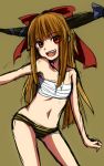  1girl brown_hair fang flat_chest hair_ribbon highres horn_ribbon horns ibuki_suika long_hair looking_at_viewer navel neko_zukin open_mouth panties red_eyes ribbon sarashi simple_background sketch solo striped striped_panties touhou underwear underwear_only 