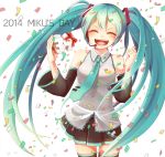  1girl 2014 blush character_name closed_eyes detached_sleeves english eyelashes green_hair hair_ornament happy hatsune_miku long_hair looking_at_viewer necktie open_mouth red_ribbon ribbon skirt smile solo standing tagme thigh-highs thighs tomozu twintails vocaloid white_background 
