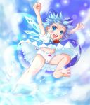  1girl blue_dress blue_eyes blue_hair bow cirno clenched_hand daiso dress hair_bow hair_ribbon hands_up kicking open_mouth ribbon smile solo tagme touhou traditional_media underwear wings 