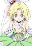  1girl agahari bare_shoulders blonde_hair blue_eyes breasts character_request cleavage gloves hair_ribbon long_hair ribbon smile solo 