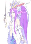  1girl breasts green_eyes midriff nagisa_kurousagi navel purple_hair puzzle_&amp;_dragons smile solo under_boob wand 