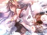  1girl bare_shoulders brown_hair burnt_clothes detached_sleeves double_bun hair_ornament hairband headgear japanese_clothes kantai_collection kongou_(kantai_collection) long_hair nontraditional_miko open_mouth personification skirt solo thigh-highs truth_(redeye19) 