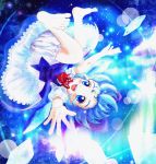  1girl blue_dress blue_eyes blue_hair bow cirno daiso dress hair_bow hair_ribbon open_mouth ribbon smile solo tagme touhou traditional_media underwear upside-down wings 