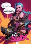  1girl :p akito1179 belt black_gloves blue_hair braid character_name english fingerless_gloves gloves jewelry jinx_(league_of_legends) league_of_legends long_hair necklace pink_eyes pink_nails rocket_launcher shorts smirk solo speech_bubble tongue twin_braids weapon 