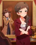  2girls artist_request blush braids brown_eyes brown_hair closed_eyes detective earrings formal frown idolmaster idolmaster_million_live! jewelry kitazawa_shiho long_hair necklace necktie official_art open_mouth ponytail ring shy side_ponytail smile table trench_coat yokoyama_nao 