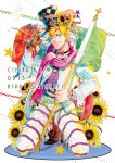  1boy blonde_hair bubble caesar_anthonio_zeppeli character_name dated facial_mark feathers fingerless_gloves flag flower gloves green_eyes hair_feathers happy_birthday headband jojo_no_kimyou_na_bouken one_eye_closed red_stone_of_aja sakaumi scarf solo striped striped_pants sunflower wink 