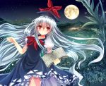  1girl blue_hair book bow bush dress fireflies full_moon hat hat_ribbon kamishirasawa_keine long_hair looking_at_viewer moon mountain night open_book outdoors puffy_short_sleeves puffy_sleeves red_eyes ribbon shoreline short_sleeves sky smile solo star_(sky) starry_sky touhou very_long_hair water xe-cox 