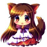  1girl animal_ears blush broken brooch brown_hair chibi chocolat_(momoiro_piano) commentary imaizumi_kagerou jewelry long_sleeves open_mouth shirt sitting skirt solo tail touhou wide_sleeves wolf_ears wolf_tail 