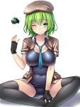  1girl ;p beret breasts butterfly_sitting collar covered_navel explosive female green_eyes green_hair grenade hat jacket necktie one-piece_swimsuit one_eye_closed open_clothes open_jacket original school_swimsuit short_hair sitting solo swimsuit thigh-highs tongue tsukumiya_amane wink 