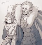  2boys beard bob_cut book book_hug cape facial_hair fate/zero fate_(series) greyscale holding holding_book monochrome multiple_boys one_eye_closed rider_(fate/zero) size_difference tam_(cuq) waver_velvet wink 