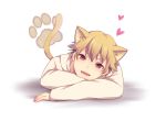  1boy animal_ears blonde_hair blush cat_ears cat_tail child child_gilgamesh fangs fate/hollow_ataraxia fate/stay_night fate_(series) gilgamesh heart hoodie male open_mouth paw_print red_eyes short_hair smile solo tail tyatora55 younger 