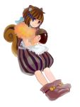  1girl acorn animal_ears aozora-c apron blue_eyes boots bow bracelet brown_hair highres holding jewelry original personification puffy_pants short_hair solo squirrel squirrel_ears squirrel_tail tail 