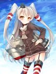  1girl amatsukaze_(kantai_collection) black_panties blush brown_eyes garter_straps gloves grandia_(artist) hand_on_hip kantai_collection long_hair looking_at_viewer panties personification red_legwear rensouhou-kun school_uniform see-through serafuku silver_hair single_glove solo striped striped_legwear thigh-highs twintails underwear white_gloves 