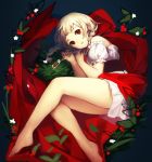  1girl bare_legs barefoot blonde_hair braid jewelry looking_at_viewer lying necklace open_mouth original petite red_eyes rough twin_braids weee_(raemz) 