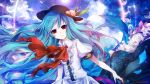  1girl artist_name blue_hair bow food frown fruit hat hinanawi_tenshi long_hair peach red_eyes sky solo touhou 
