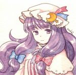  1girl bow capelet crescent hair_bow hat long_hair patchouli_knowledge purple_hair socha solo star touhou violet_eyes 
