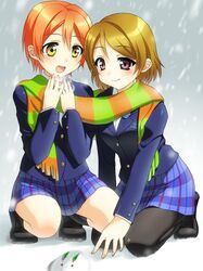  2girls brown_hair doutan hoshizora_rin koizumi_hanayo love_live!_school_idol_project multiple_girls orange_hair pantyhose scarf school_uniform shared_scarf short_hair violet_eyes yellow_eyes 