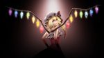  1girl alternate_costume arkatopia bare_shoulders black_background blonde_hair crystal dress fang flandre_scarlet formal frilled_dress frills hat hat_ribbon long_hair looking_back mob_cap open_mouth red_dress red_eyes ribbon shadow side_ponytail solo sparkle touhou wings 