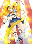  1girl :d alternate_form amida_desuyo arm_up blonde_hair blue_panties blue_skirt boots cure_honey from_below gymnastics_ribbon happinesscharge_precure! highres knee_boots long_hair magical_girl oomori_yuuko open_mouth panties polka_dot polka_dot_panties popcorn_cheer precure puffy_sleeves skirt smile solo star striped striped_background twintails underwear upskirt wrist_cuffs yellow_eyes 